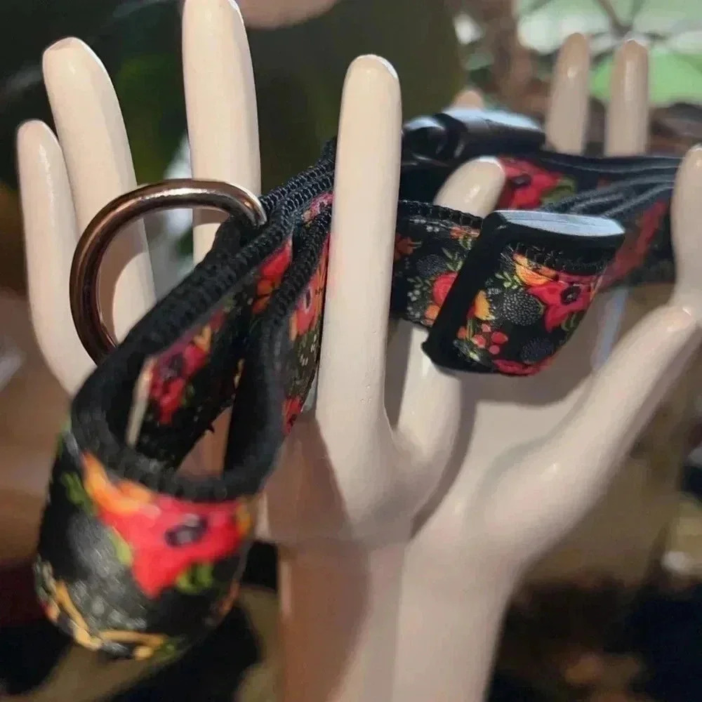 Dog Collar Orange Pink Floral Black Extra Large Heavy Duty Quick Release Collar - Picture 4 of 16